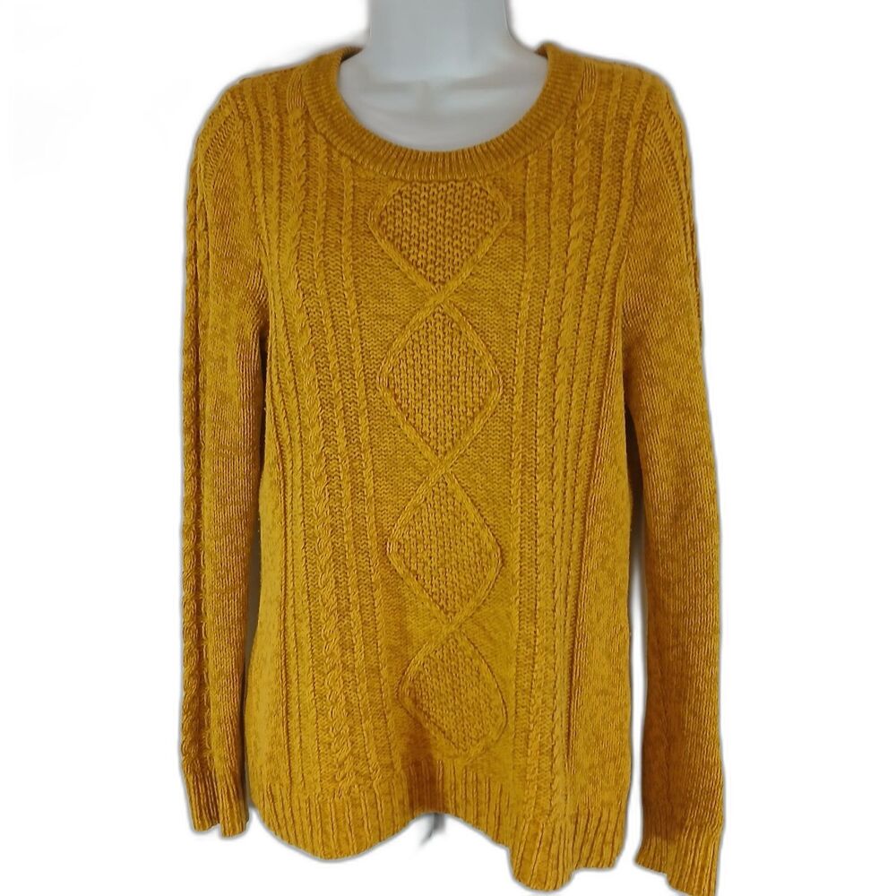 Old Navy Women Sweater Gold Cable Knit Sz L‎ Preppy Academia Travel Cabin Work